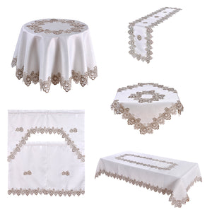 This image shows: Beautiful collage of embroidered tableware. Round Table Cloth, Runner, 3pc Kitchen curtain, Square & long table cloth. White background with beige embroidered.