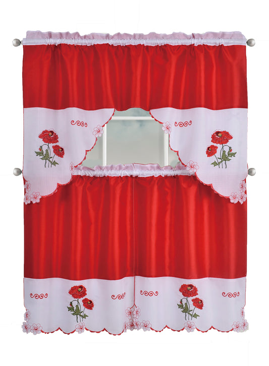 Kitchen Curtains, Part 3 Embroidered Rod Pocket Window Tiers & Swag Valance- 3PC Kitchen Curtain Sets.