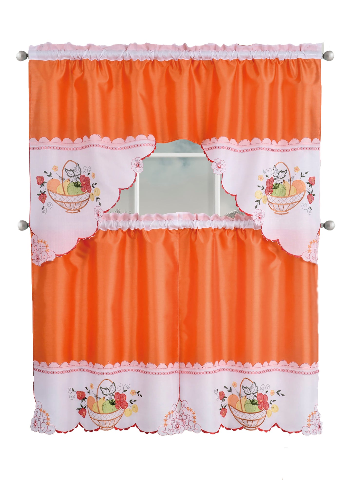 Kitchen Curtains, Part 3 Embroidered Rod Pocket Window Tiers & Swag Valance- 3PC Kitchen Curtain Sets.