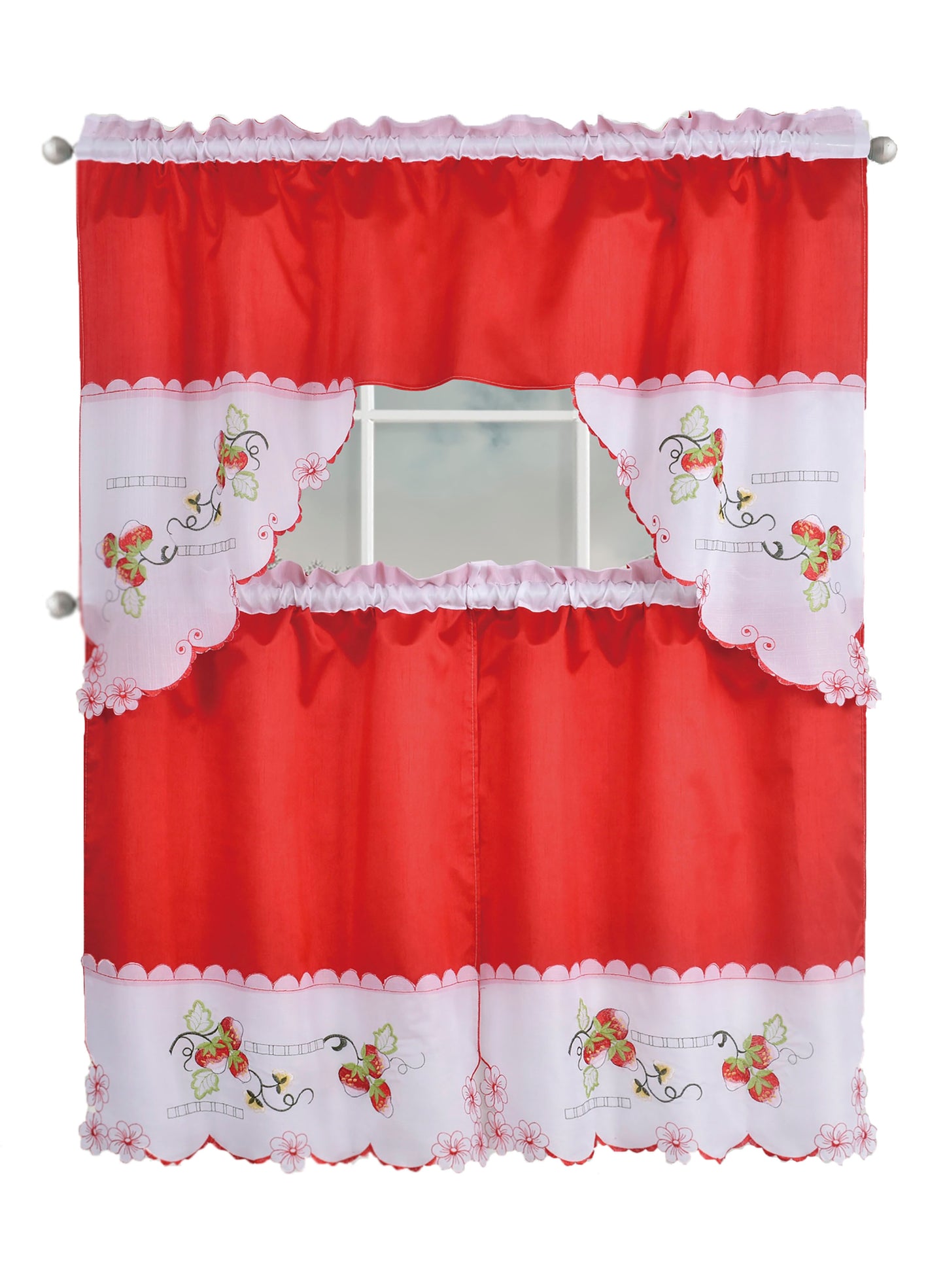 Kitchen Curtains, Part 3 Embroidered Rod Pocket Window Tiers & Swag Valance- 3PC Kitchen Curtain Sets.