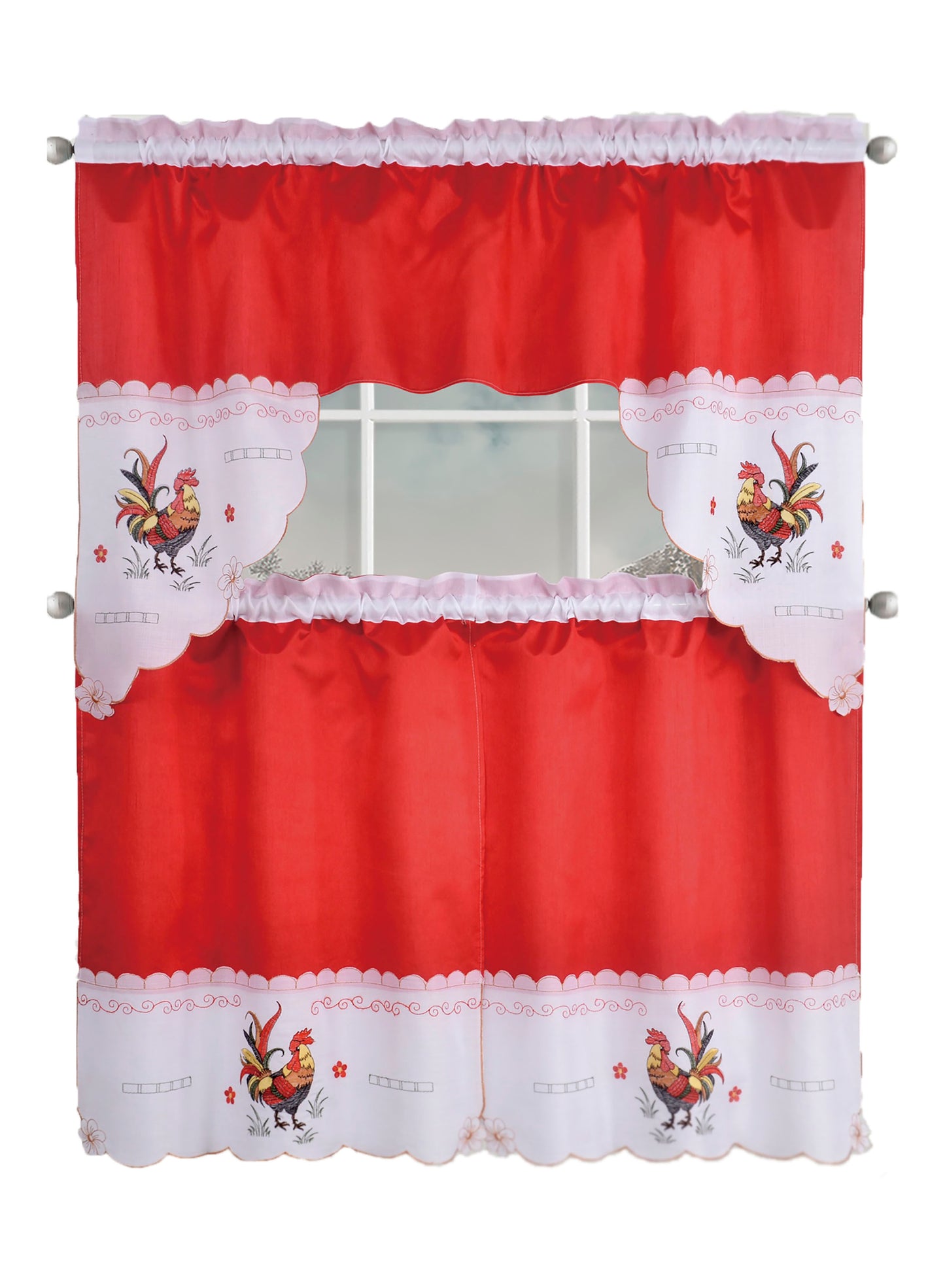 Kitchen Curtains, Part 3 Embroidered Rod Pocket Window Tiers & Swag Valance- 3PC Kitchen Curtain Sets.