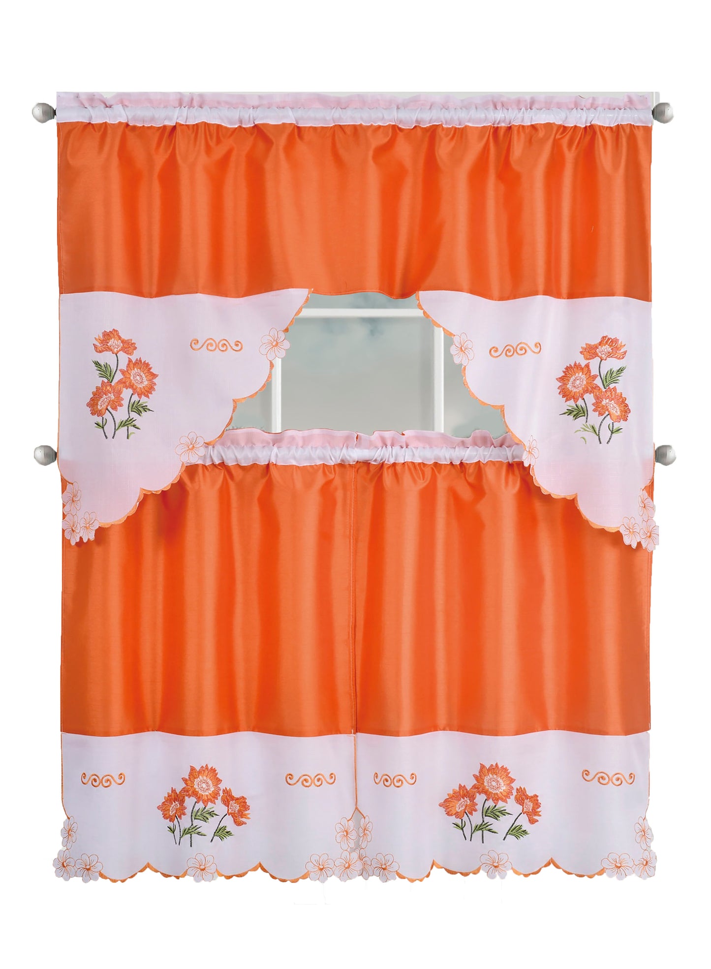 Kitchen Curtains, Part 3 Embroidered Rod Pocket Window Tiers & Swag Valance- 3PC Kitchen Curtain Sets.