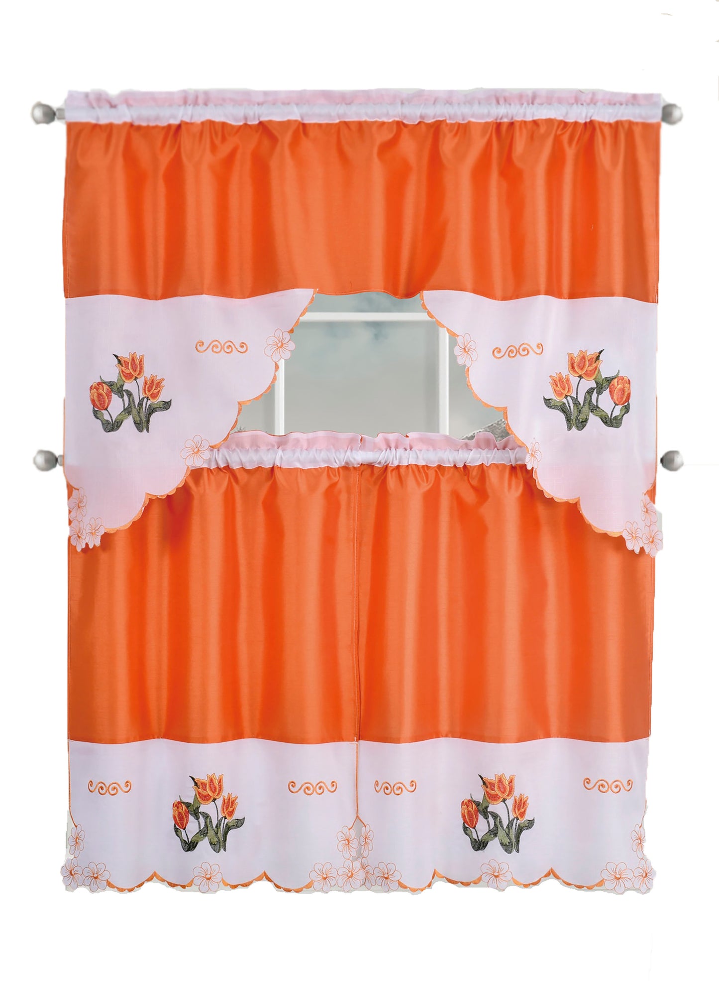 Kitchen Curtains, Part 3 Embroidered Rod Pocket Window Tiers & Swag Valance- 3PC Kitchen Curtain Sets.