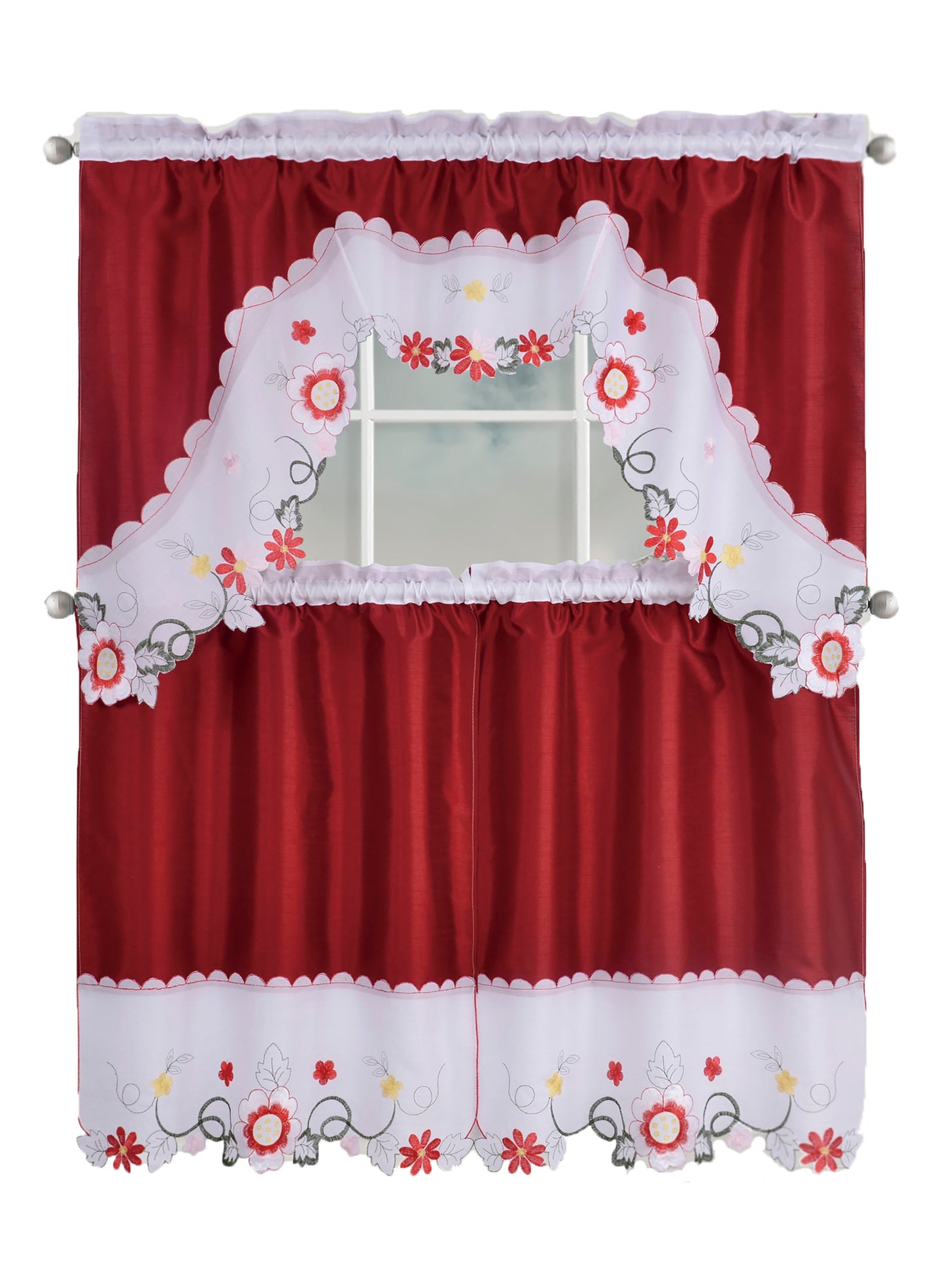 Kitchen Curtains, Part 3 Embroidered Rod Pocket Window Tiers & Swag Valance- 3PC Kitchen Curtain Sets.