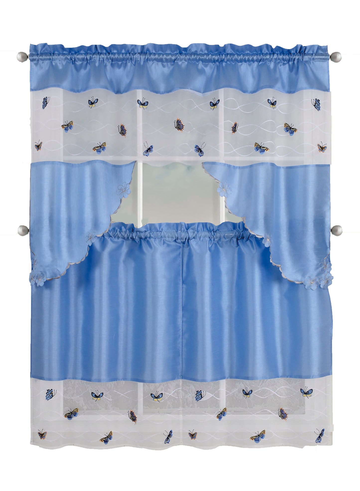 Kitchen Curtains, Part 3 Embroidered Rod Pocket Window Tiers & Swag Valance- 3PC Kitchen Curtain Sets.