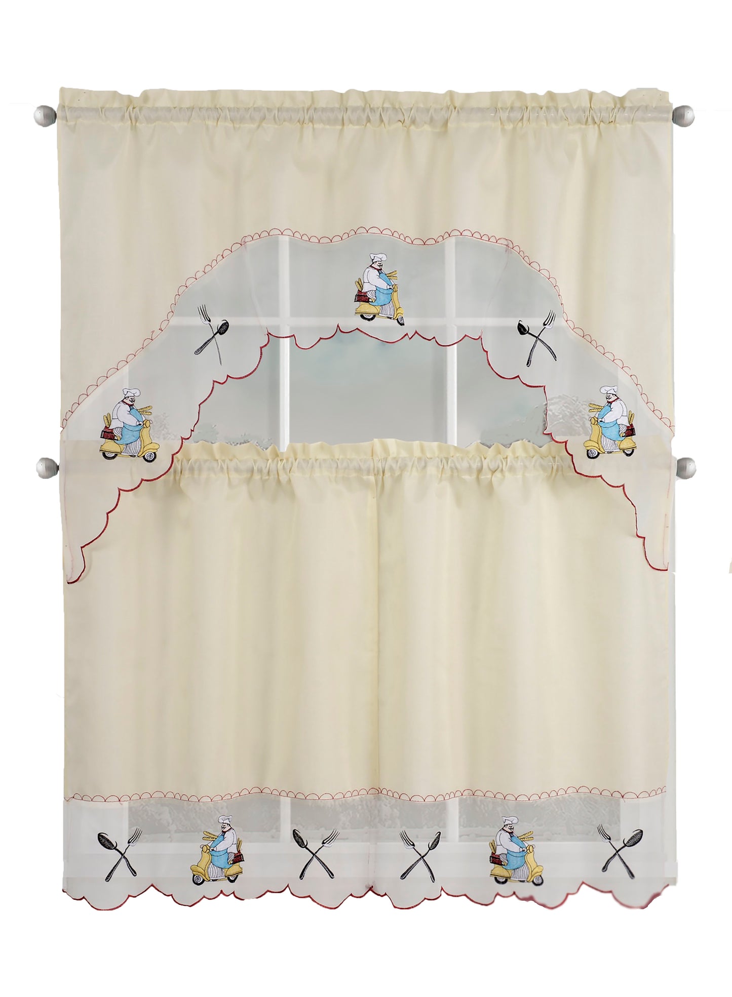 Kitchen Curtains, Part 3 Embroidered Rod Pocket Window Tiers & Swag Valance- 3PC Kitchen Curtain Sets.