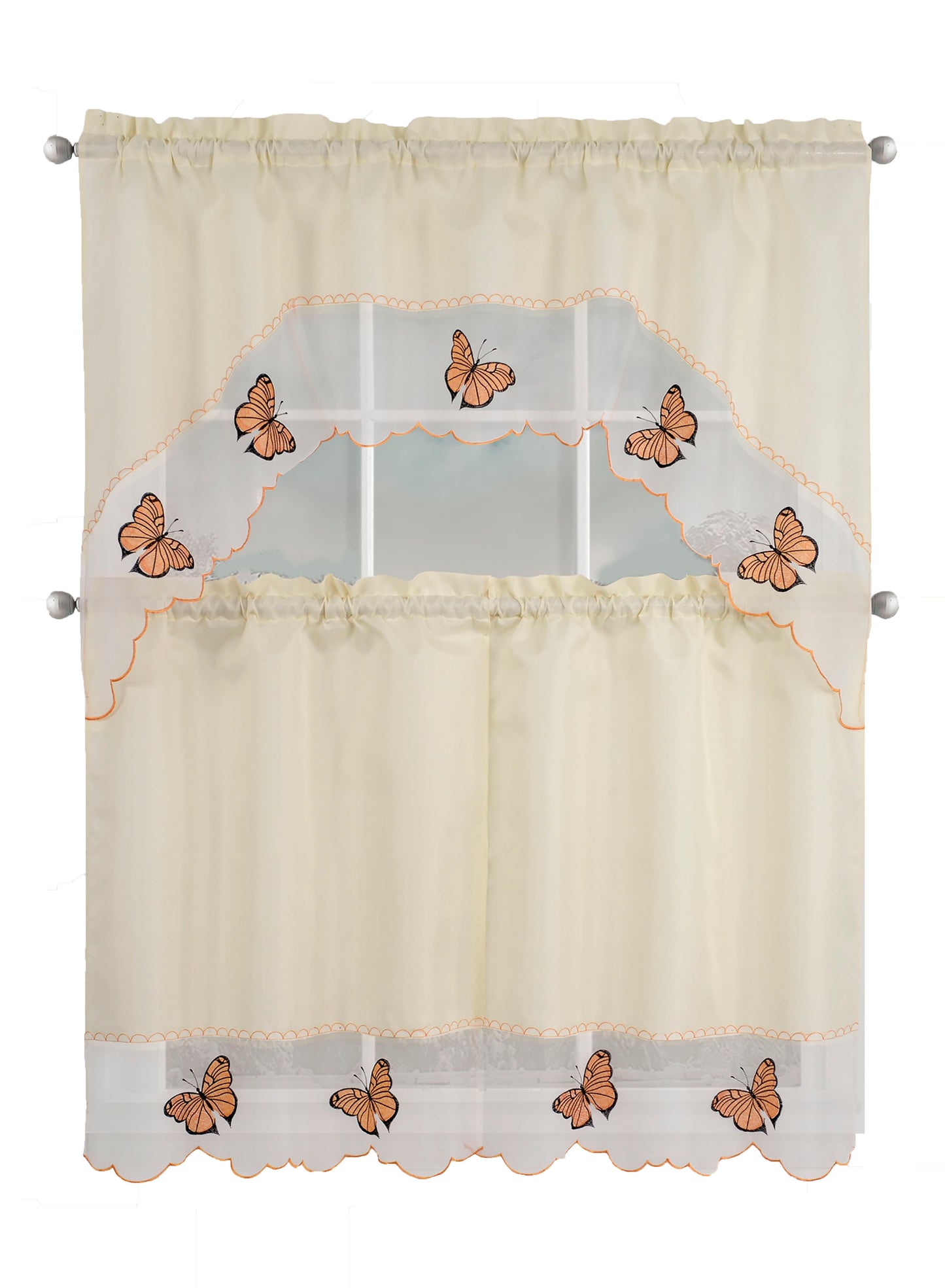 Kitchen Curtains, Part 3 Embroidered Rod Pocket Window Tiers & Swag Valance- 3PC Kitchen Curtain Sets.