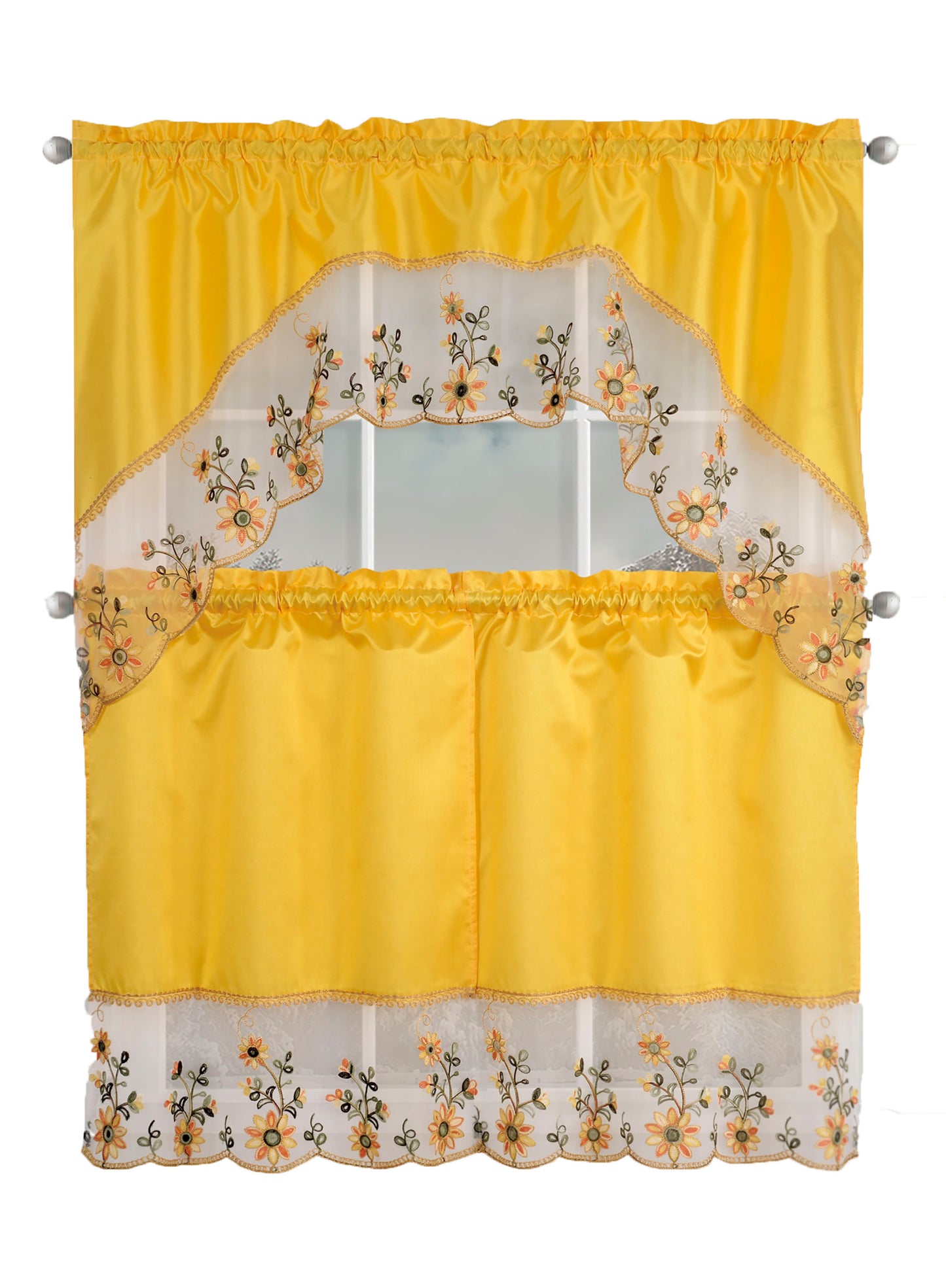 Kitchen Curtains, Part 3 Embroidered Rod Pocket Window Tiers & Swag Valance- 3PC Kitchen Curtain Sets.