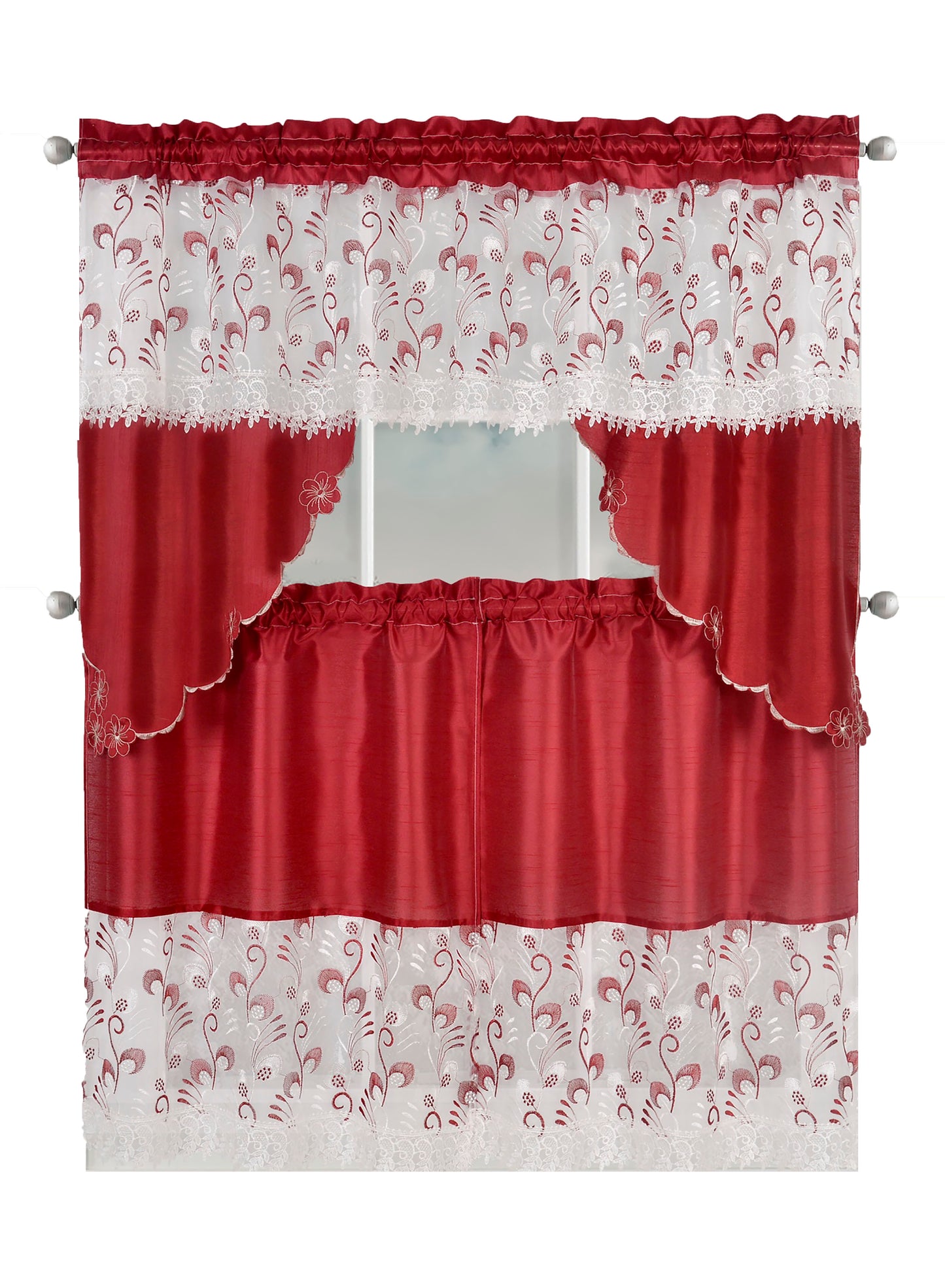 Kitchen Curtains, Part 3 Embroidered Rod Pocket Window Tiers & Swag Valance- 3PC Kitchen Curtain Sets.