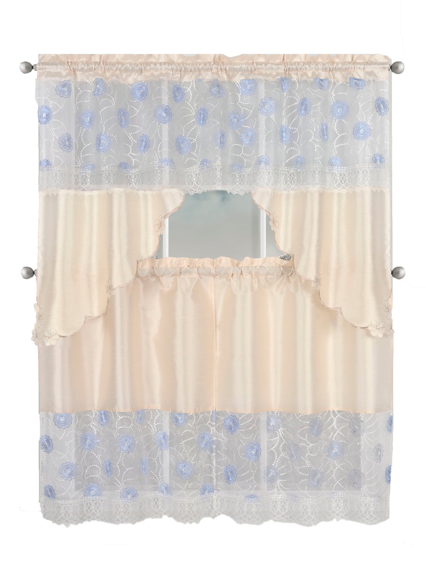 Kitchen Curtains, Part 3 Embroidered Rod Pocket Window Tiers & Swag Valance- 3PC Kitchen Curtain Sets.
