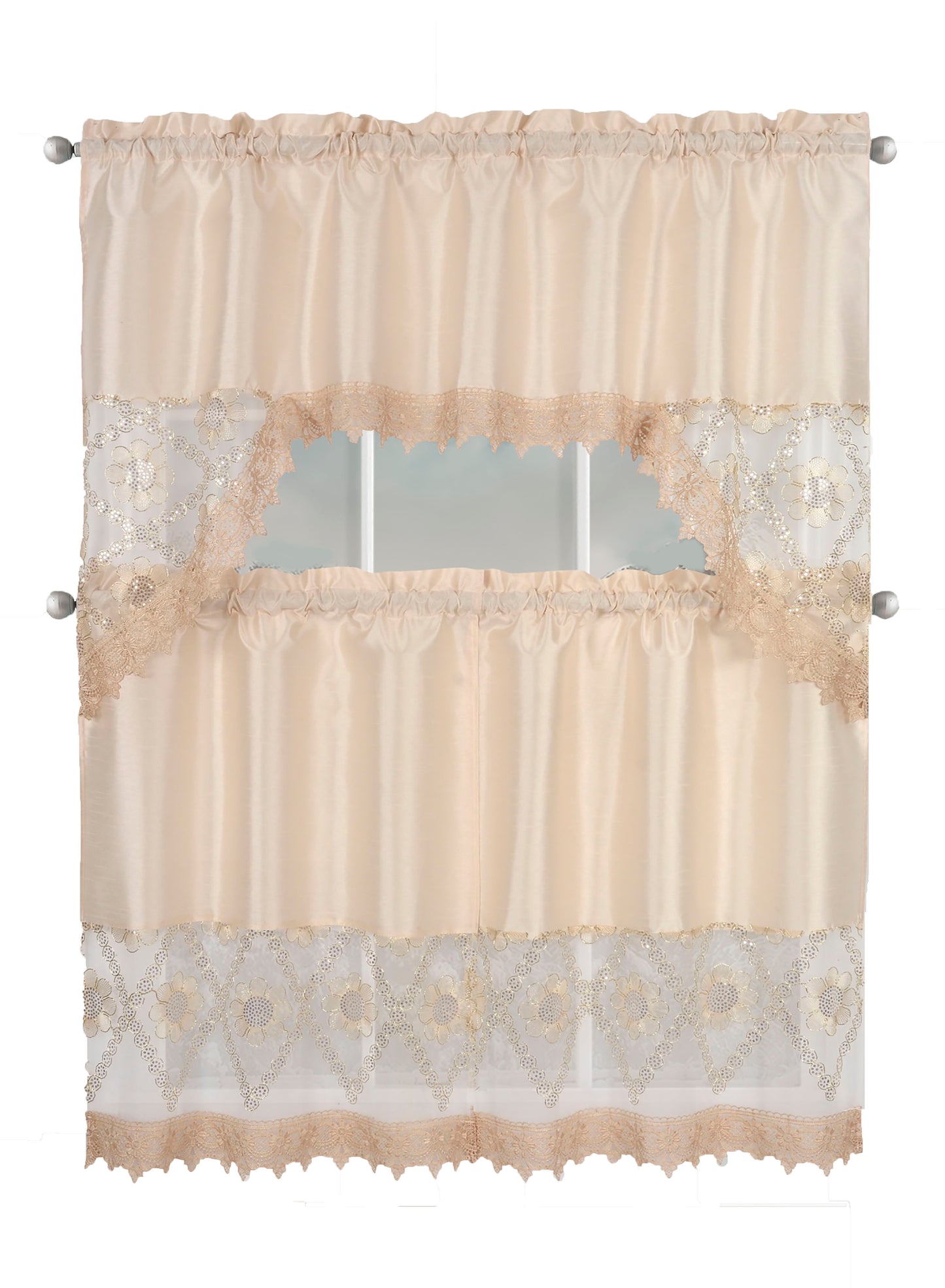 Kitchen Curtains, Part 3 Embroidered Rod Pocket Window Tiers & Swag Valance- 3PC Kitchen Curtain Sets.