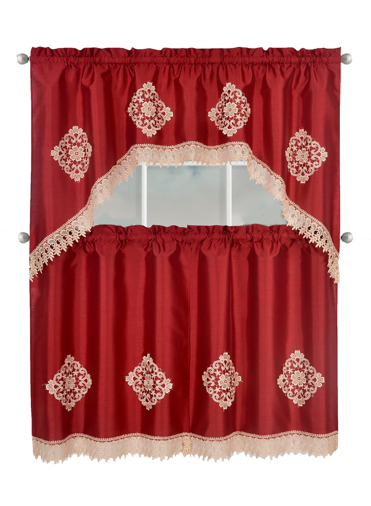 Kitchen Curtains, Part 3 Embroidered Rod Pocket Window Tiers & Swag Valance- 3PC Kitchen Curtain Sets.