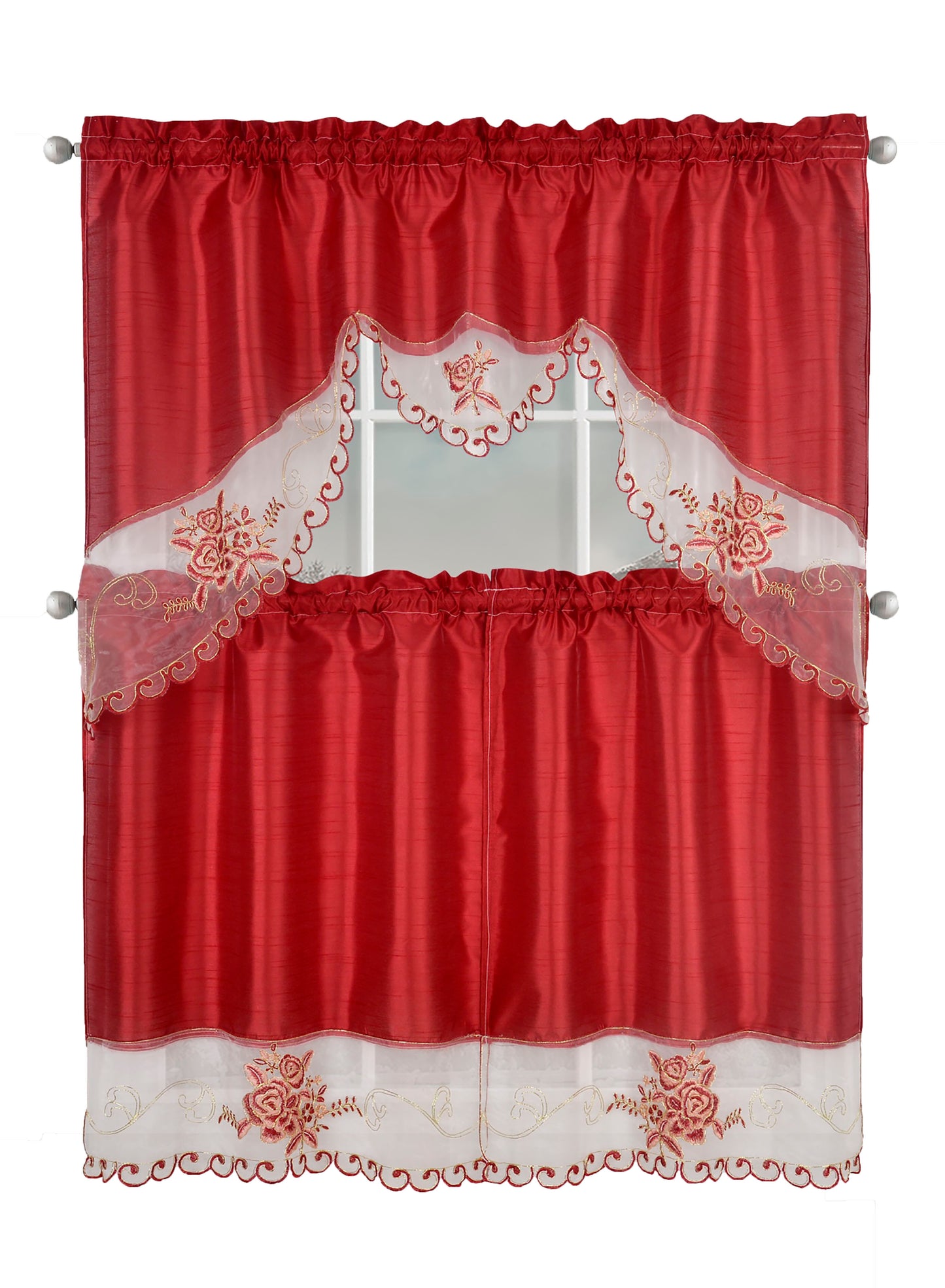 Kitchen Curtains, Part 3 Embroidered Rod Pocket Window Tiers & Swag Valance- 3PC Kitchen Curtain Sets.