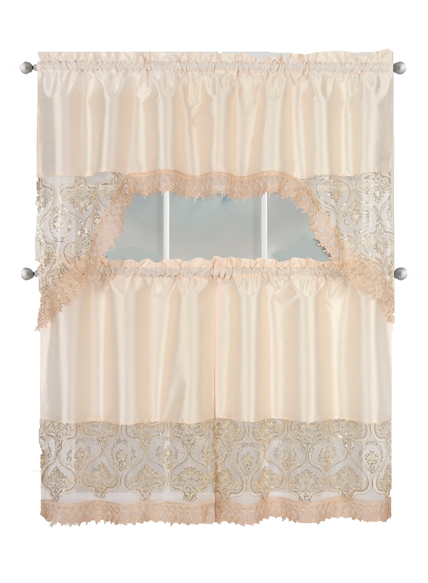 Kitchen Curtains, Part 3 Embroidered Rod Pocket Window Tiers & Swag Valance- 3PC Kitchen Curtain Sets.