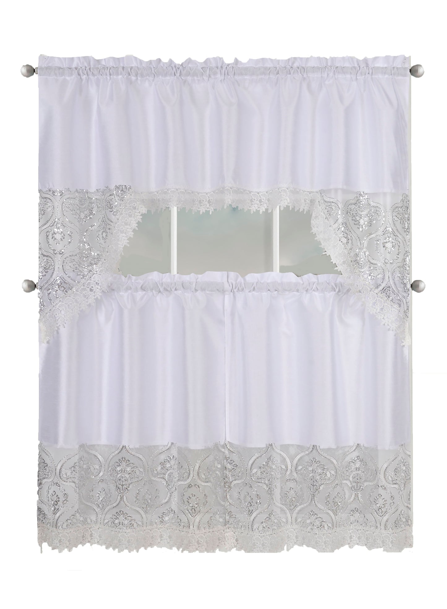 Kitchen Curtains, Part 3 Embroidered Rod Pocket Window Tiers & Swag Valance- 3PC Kitchen Curtain Sets.