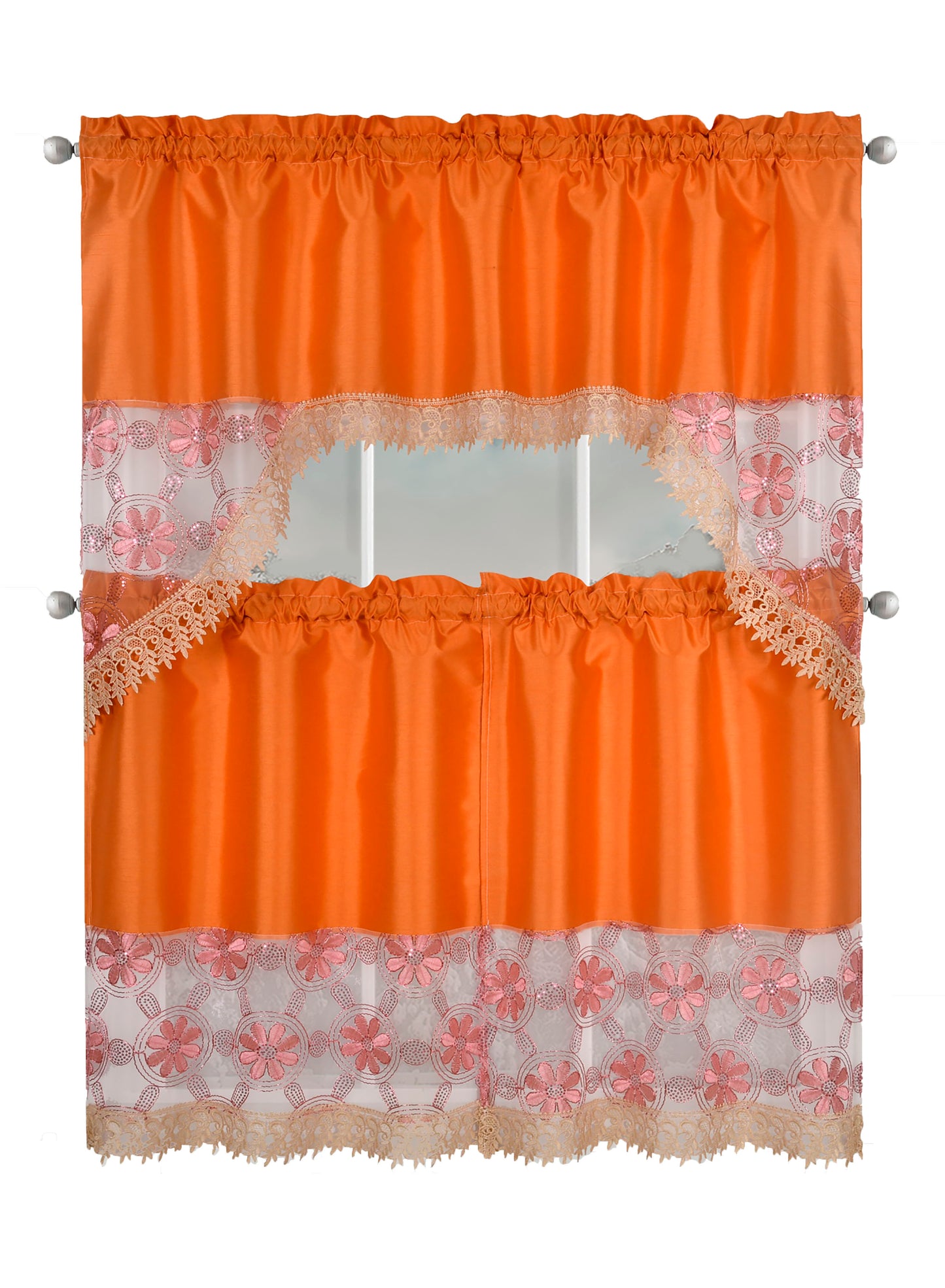 Kitchen Curtains, Part 3 Embroidered Rod Pocket Window Tiers & Swag Valance- 3PC Kitchen Curtain Sets.