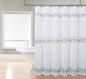 Rose Garden Shower Curtain.  White organza panel with three horizontal stripes  of beautiful embroidered veil. The embroidered design consist of:  peach flowers sequence, over a brown consecutive branch hanging leaves up and down in two green tones: sage and light green. Each line of veil is frame with white flower macramé that seems be into a spiderweb (All treats on the organza are white). Size: 70in width x 72in length + 14 in (length of top valance). Twelve top holes nicely knowtingspaces